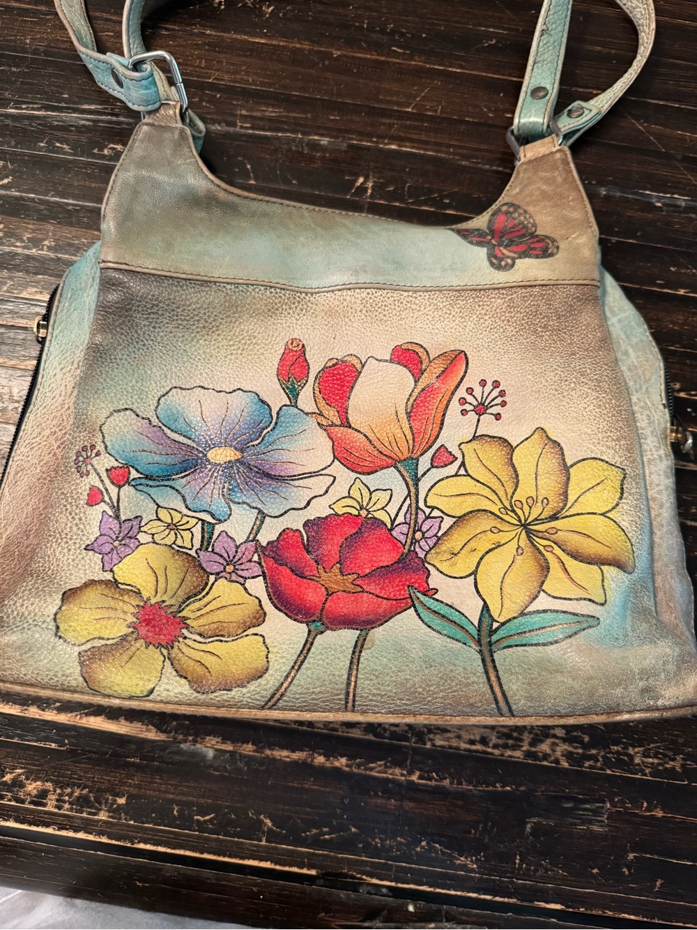 Aunschak Floral Painted Leather Shoulder Bag - Multicolor - Picture 8 of 14